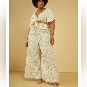 Cream with black floral print flowy pants